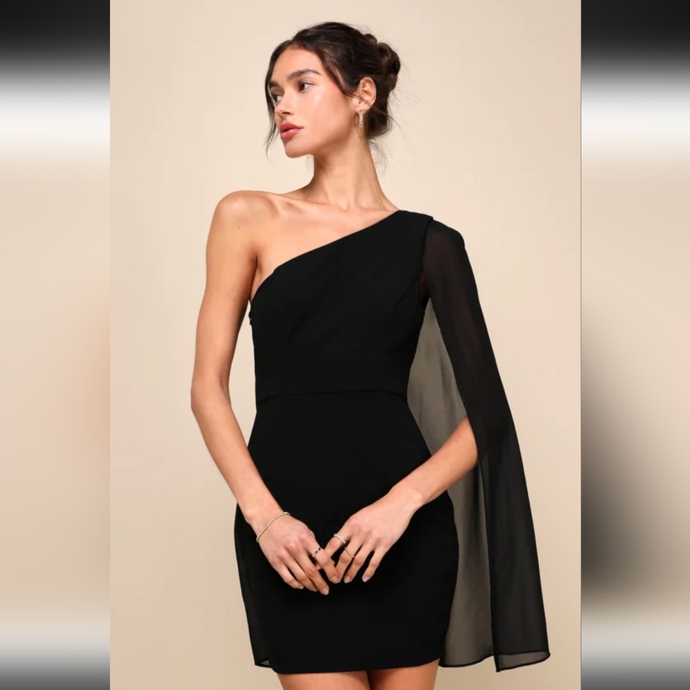 Majestic Energy Black Cape Sleeve One-Shoulder Mini Dress